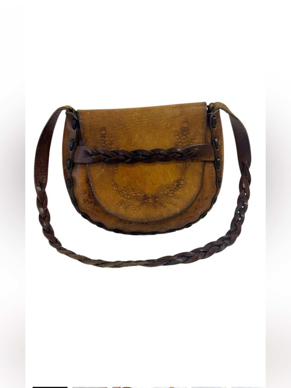 LEATHER Floral Embossed Shoulder Bag, Front Flap, Braided Strap